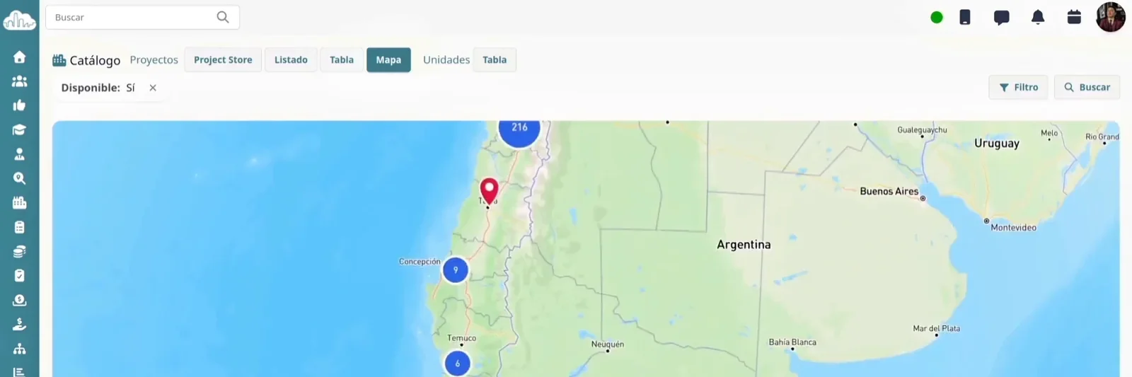 Mapa de proyectos disponibles en Chile