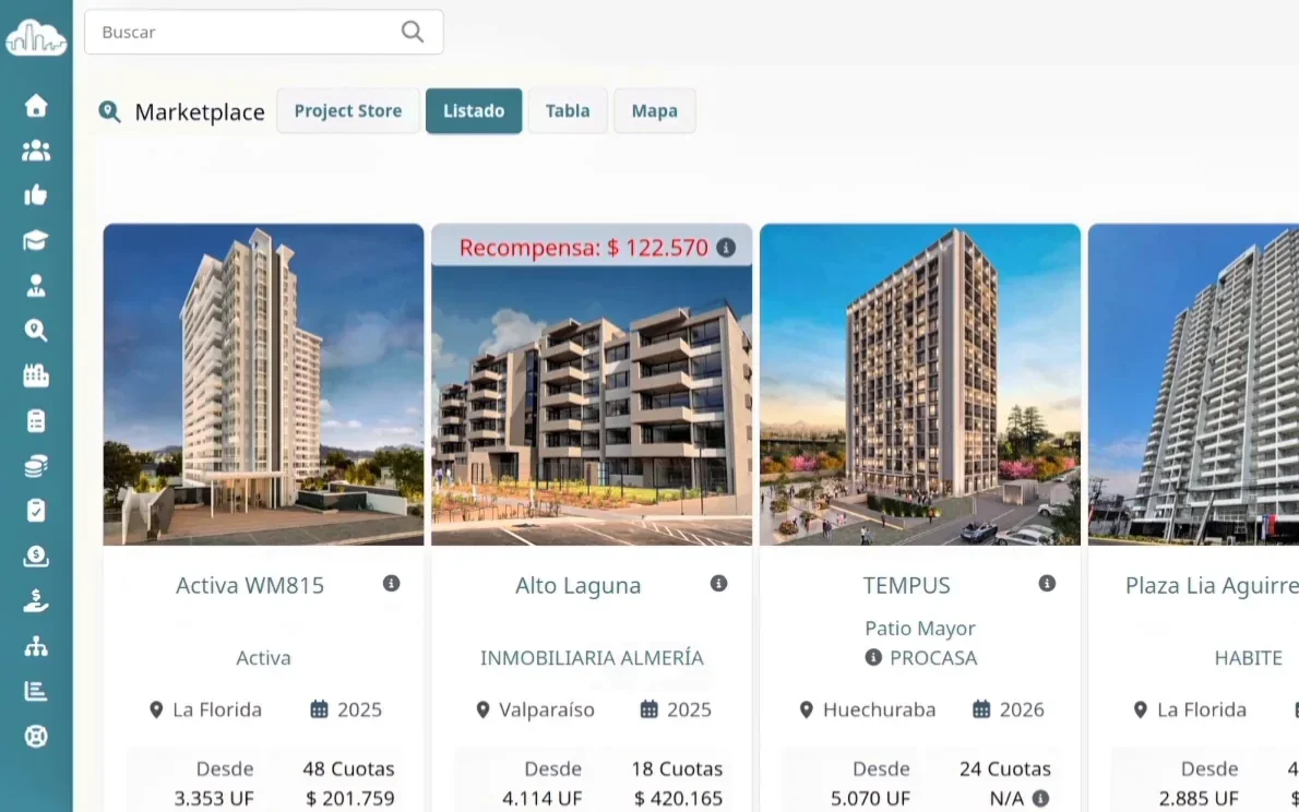 Marketplace de JetBrokers con proyectos, precios desde y cuotas